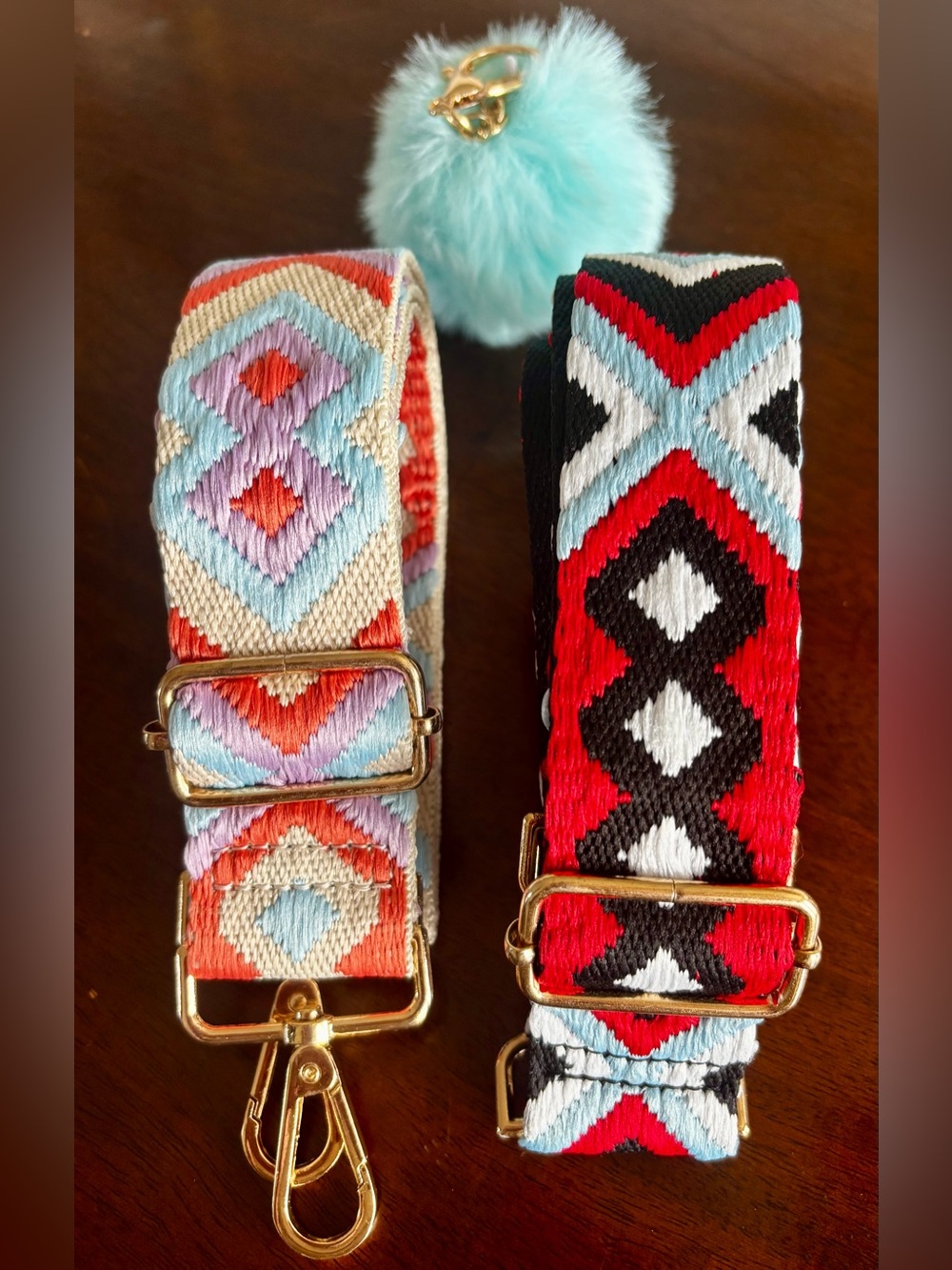 Geometric Replacement Purse Straps and a Blue Pom